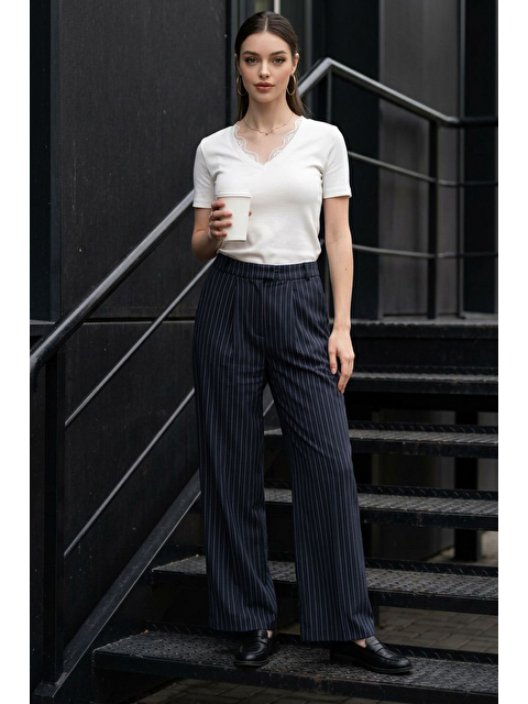 Madmext Lacivert Çizgili Yüksek Bel Pileli Kadın Kumaş Pantolon Mg2641 - S000527524-21164