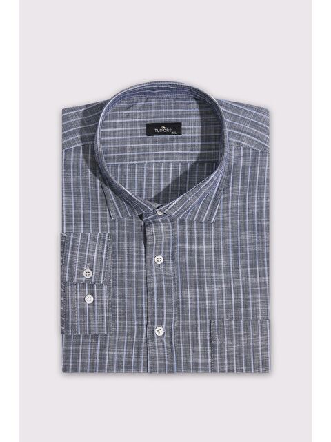 TUDORS Erkek Battal Büyük Beden Uzun Kollu Çizgili Keten Efektli Spor Yaka Füme Gömlek - S000518855-29351