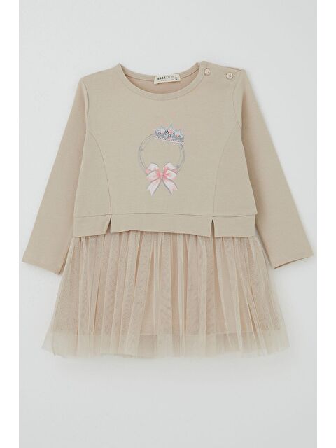 Breeze Kız Çocuk Uzun Kollu Elbise Taçlı Kalp Masalı Bej (2-6 Yaş) - S000489220-19928