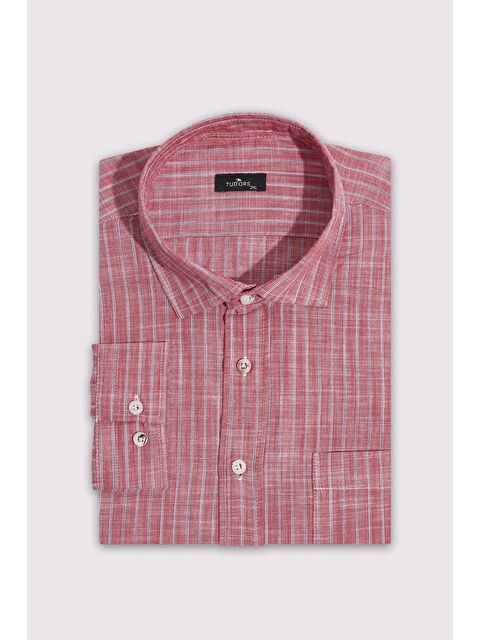 TUDORS Erkek Battal Büyük Beden Uzun Kollu Çizgili Keten Efektli Spor Yaka Kırmızı Gömlek - S000518856-20045