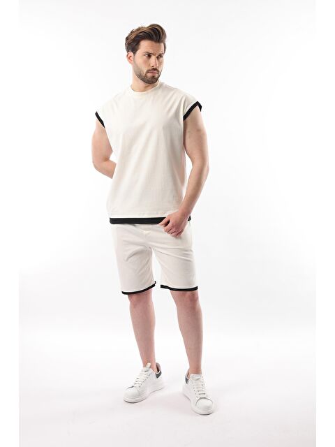 Madmext Ekru Sıfır Kol Erkek Şort Tişört %100 Pamuk Takım E7308 - S000351403-19965