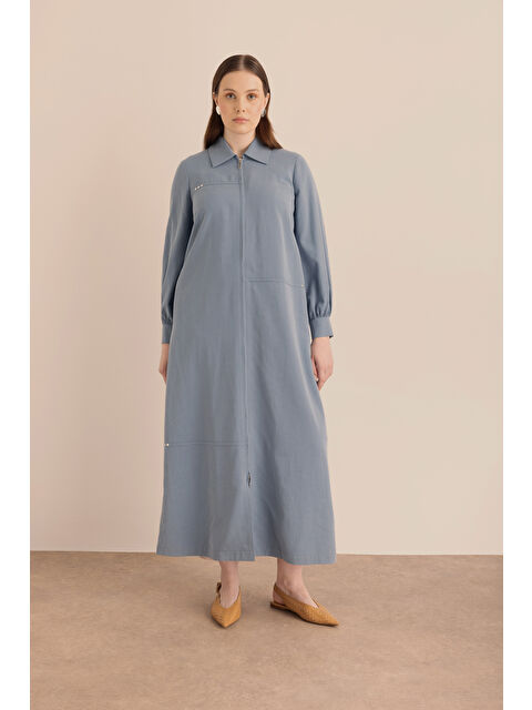 AKER Lacivert Önden Fermuarlı Lyocell Pamuk Ferace