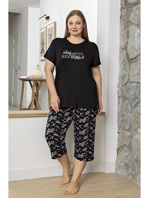 Remsa Büyük Beden Kadın Kısa Kol Kaprili Viskon Pijama Takımı 260071 Siyah