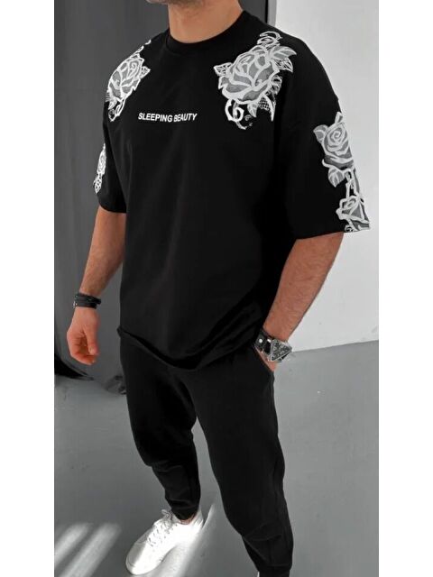 Jane's Unisex Flok Kabartma Baskılı T-Shirt - Siyah