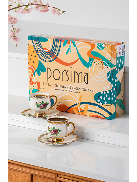 Porsima 3188 Rosemary 12 Parça Yaldızlı Porselen Türk Kahve Fincan Takımı - S000423781-23173