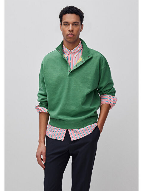 United Colors Of Benetton Erkek Yeşil  Yün Karışımlı Düğmeli Dik Yaka Sweatshirt