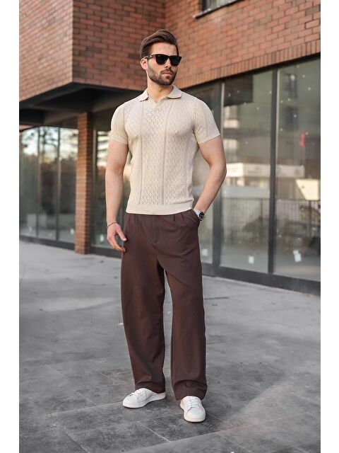 Madmext Taş Rengi Delikli Polo Yaka Erkek Triko Tişört E7495