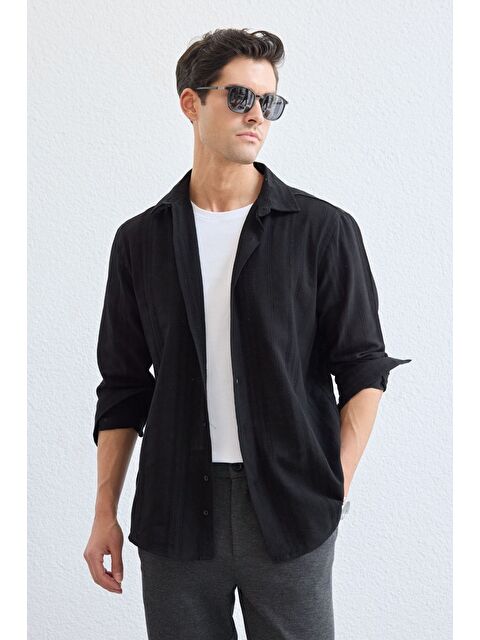 Livio Ferri Yuji Kendinden Desenli Keten Görünümlü Pamuk Oversize Erkek Gömlek