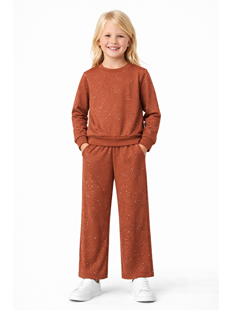 Zepkids Bisiklet Yaka Taş Baskılı Kiremit Renk Kız Çocuk Ikili Takım - S000496088-19966