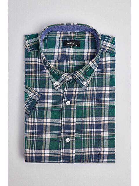 TUDORS Erkek Battal Büyük Beden Kısa Kollu Ekoseli Düğmeli Yaka Yeşil Gömlek
