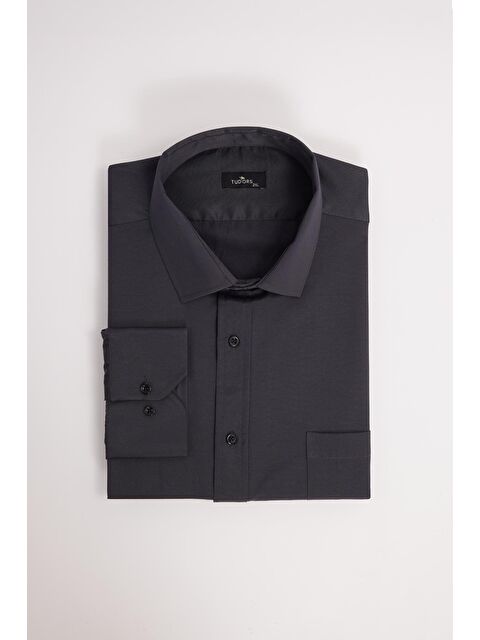 TUDORS Erkek Big Size Büyük Beden Uzun Kollu Pamuklu Tek Cepli Saten Antrasit Gömlek - S000518859-29666