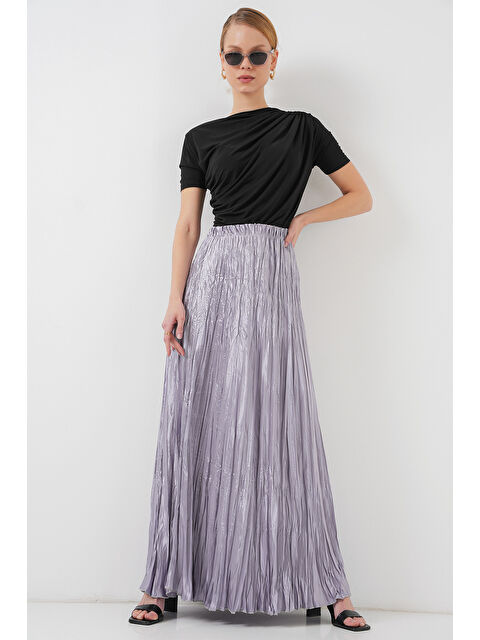 Bigdart Kadın Uzun Kırışık Parlak Etek 8034 - Gri - S000360172-20600