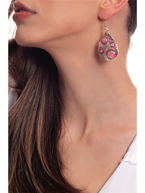Labalaba Kadın Antik Gümüş Kaplama Sallantılı Model Fuşya Renk Mineli Bohem Küpe - S000463582-18686
