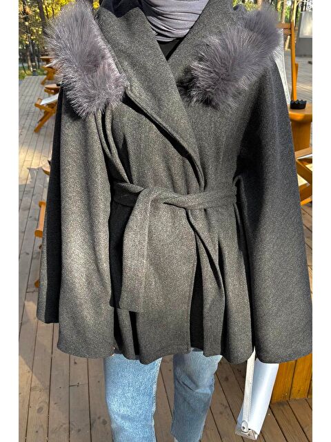 Lamelif Kapüşonlu Panço Antrasit - S000522591-29666