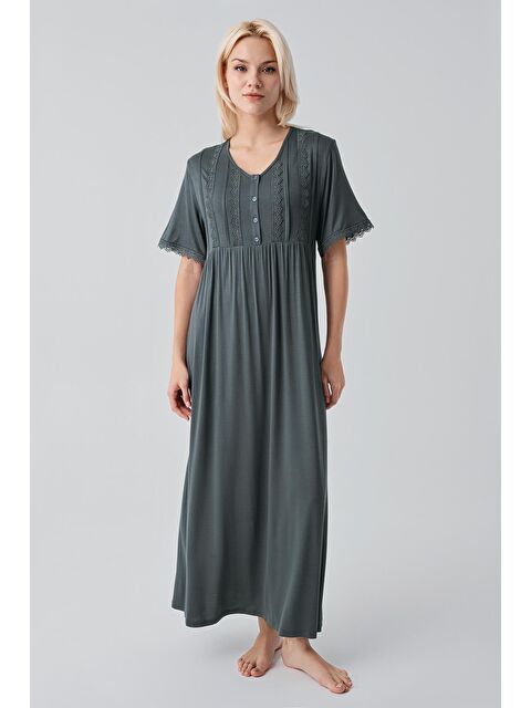 Artış Kısa Kollu Dantelli Uzun Rahat Esnek Viskoz Gecelik19104