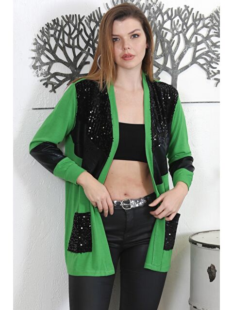 Chiccy Siyah-Yeşil Kimono Yaka Uzun Kol Pullu Cepli Örme Casual Ceket - S000468779-37449