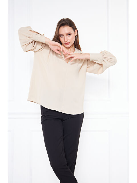 Comstar Kadın Trend Balon Kol Oversize Krem Bluz Gömlek