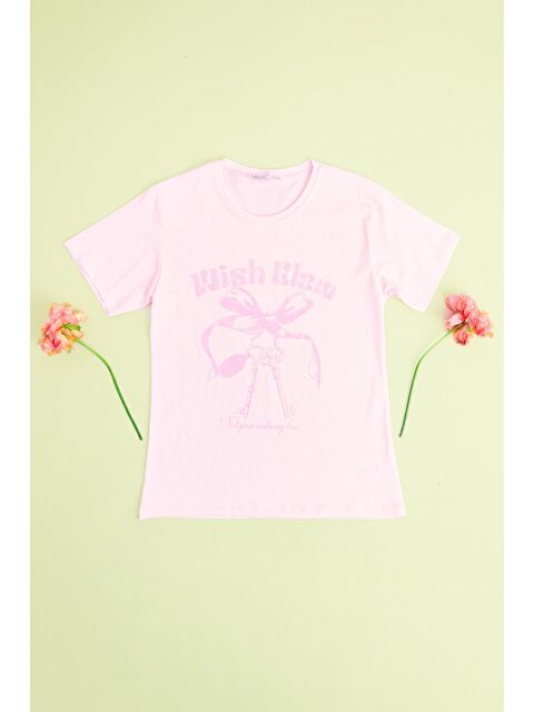 Fullamoda Fiyonk Ve Yazı Baskılı Kız Çocuk Tişört