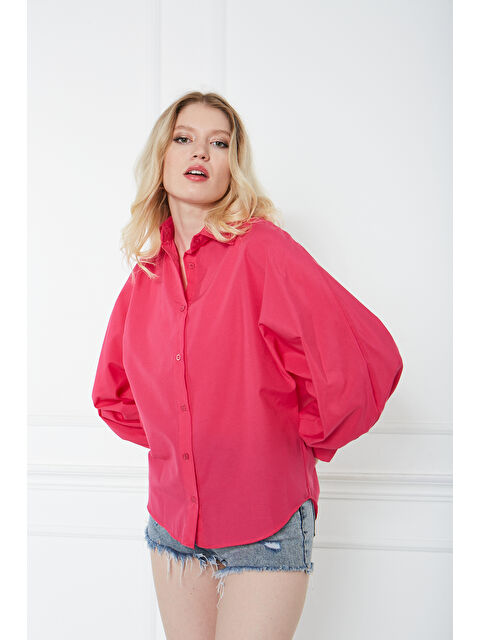 Comstar Kadın Trend Balon Kol Düğmeli Basic Pembe Tunik Gömlek