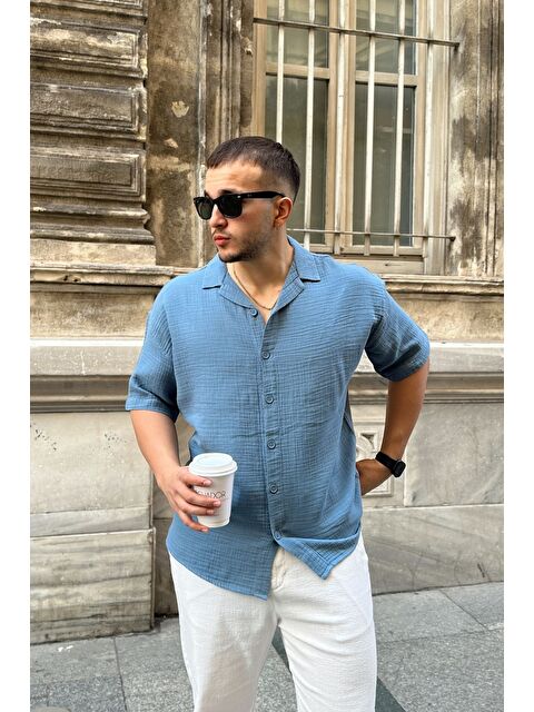 Livio Ferri Nebel Erkek Yazlık Pamuk Gömlek Apaş Yaka Kısa Kollu, Düğmeli, Rahat Kalıp