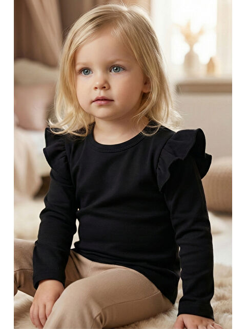 Parla Kids Kız Bebek Siyah Omuz Fırfırlı Bisiklet Yaka Body Sweatshirt - S000494679-19351