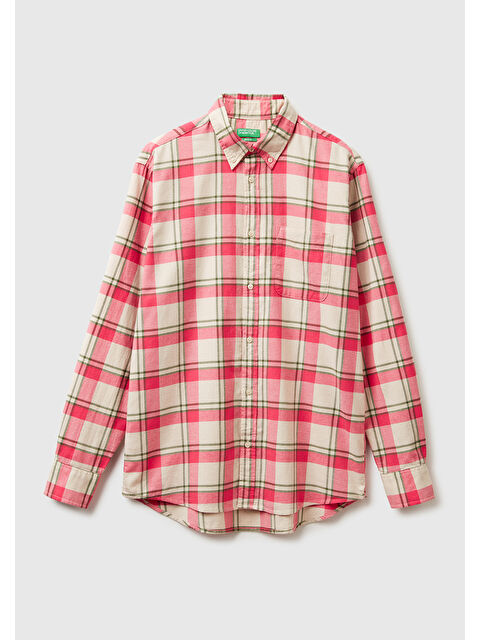 United Colors Of Benetton Erkek Kırmızı Ekoseli %100 Pamuk Kare Desenli Önü Cep Detaylı Gömlek