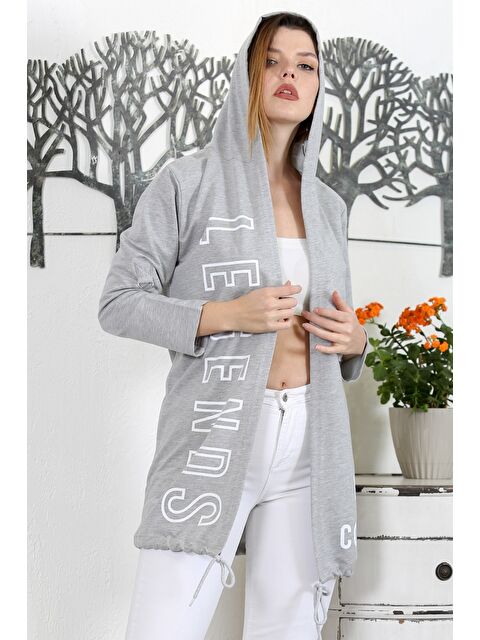 Chiccy Gri Kapüşonlu Uzun Kol Baskılı Örme Casual Kapüşonlu Ceket - S000468778-20600