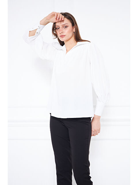 Comstar Kadın Trend Balon Kol Oversize Beyaz Bluz Gömlek