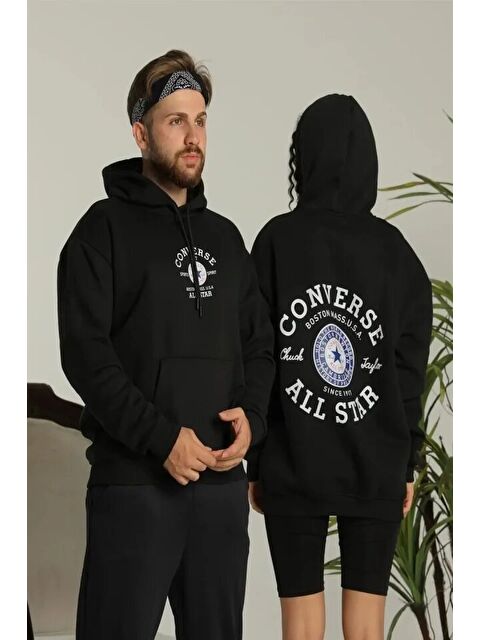 Jane's Erkek Sırt Baskılı Oversize Üç İplik Kapüşonlu Hoodie Sweatshirt - Siyah