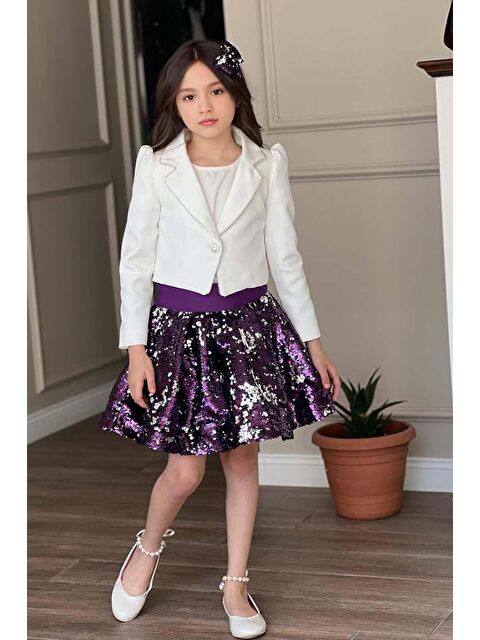 Riccotarz Kız Çocuk Kruvaze Yaka Kenarlar Taş Şerit İşlemeli Ceket Mor Pullu Etekli Takım - S000373239-20042