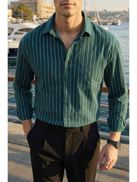 Livio Ferri Arkit Erkek Çizgili Viskon Oversize Gömlek