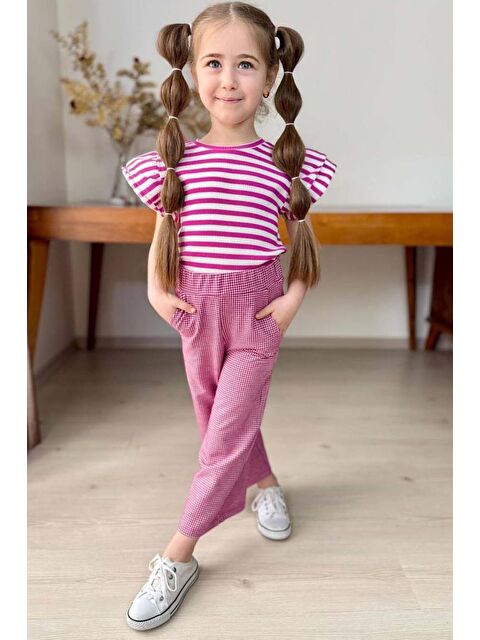 Riccotarz Kız Çocuk Yatay Çizgiler Kolsuz Omuzları Fırfırlı Bluz Pötikare Kumaş Pantolon Pembe Alt Üst Takım - S000373240-20024