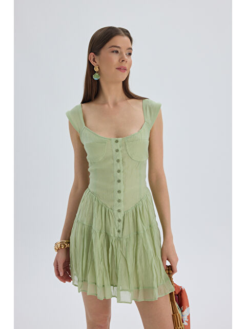 Bohemai Serena Düğmeli Yeşil Mini Elbise