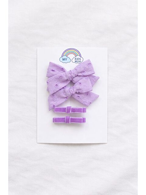 My Kids Wear Kız Çocuk El Yapımı Lila Brode Fiyonk & Kadife Mini Fiyonk Kız Çocuk Toka Seti (4’lü) 12373 - S000502599-17878