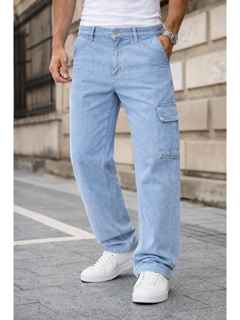 Comstar Erkek Kargo Cepli Pamuklu B.Mavi Baggy Pantolon