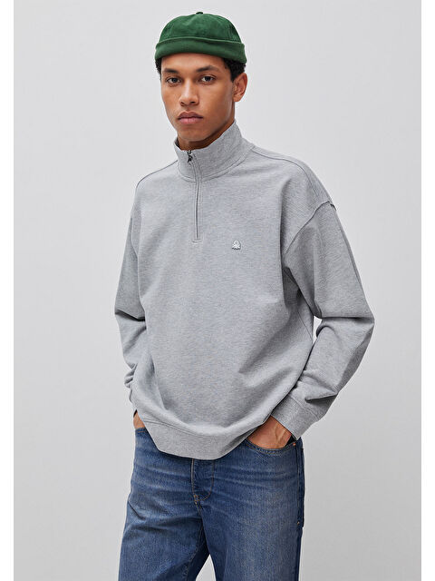 United Colors Of Benetton Erkek Gri Melanj  %100 Pamuk Logo Detaylı Fermuarlı Dik Yaka Sweatshirt
