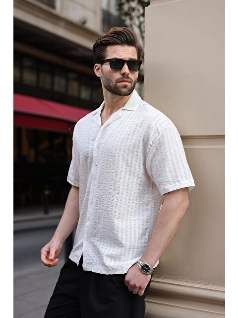 Madmext Beyaz Gofre Kumaş Erkek Gömlek E6772