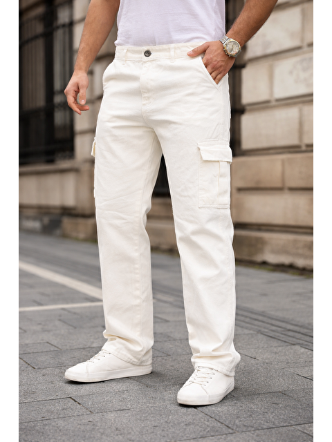 Comstar Erkek Kargo Cepli Pamuklu Beyaz Baggy Pantolon