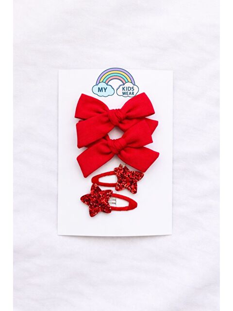 My Kids Wear Kız Çocuk El Yapımı Kırmızı Fiyonk & Simli Yıldız Kız Çocuk Toka Seti (4’lü) 12366 - S000502599-20046