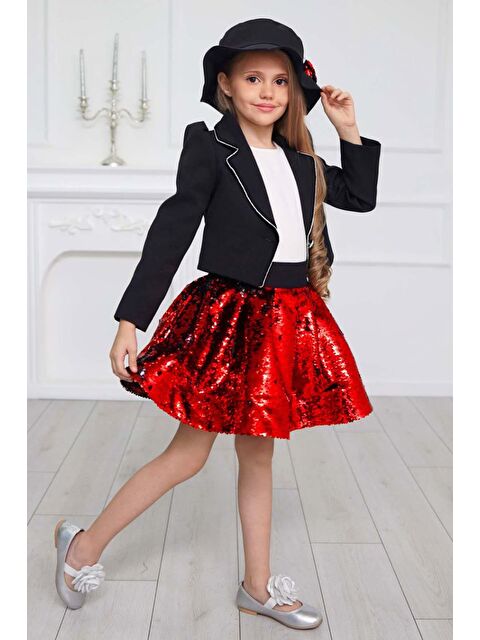 Riccotarz Kız Çocuk Kruvaze Yaka Kenarlar Taş Şerit İşlemeli Ceket Kırmızı Pullu Etekli Takım - S000373242-20045