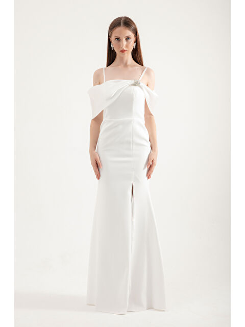 Lafaba Kadın Beyaz Kayık Yaka Taşlı Saten Uzun Abiye Elbise - S000496866-20063