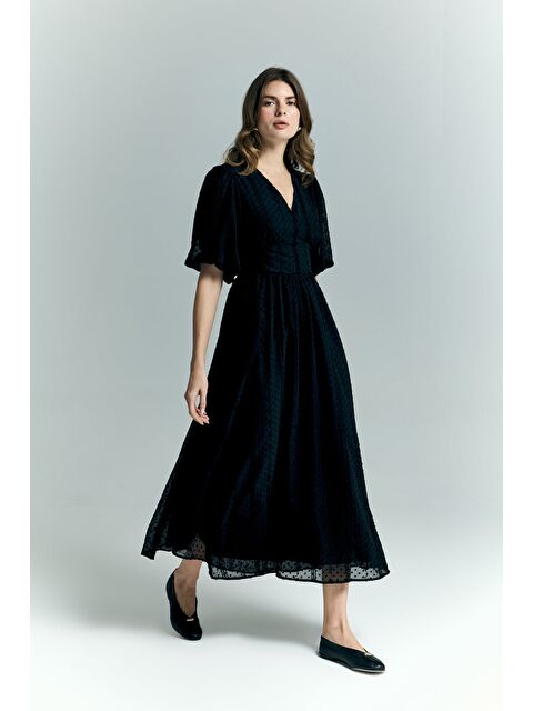 SATEEN Kabarık Kollu Uzun Elbise - Siyah - S000531632-19351