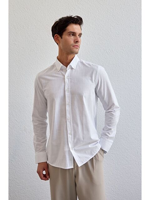Livio Ferri Turi Erkek Pamuk Gömlek Modern Slim Fit Keten Görünümlü Uzun Kol