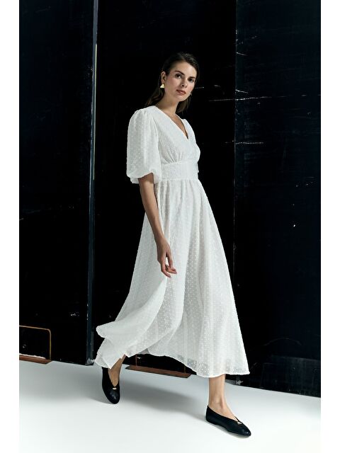 SATEEN Kabarık Kollu Uzun Elbise - Ekru - S000531632-19965