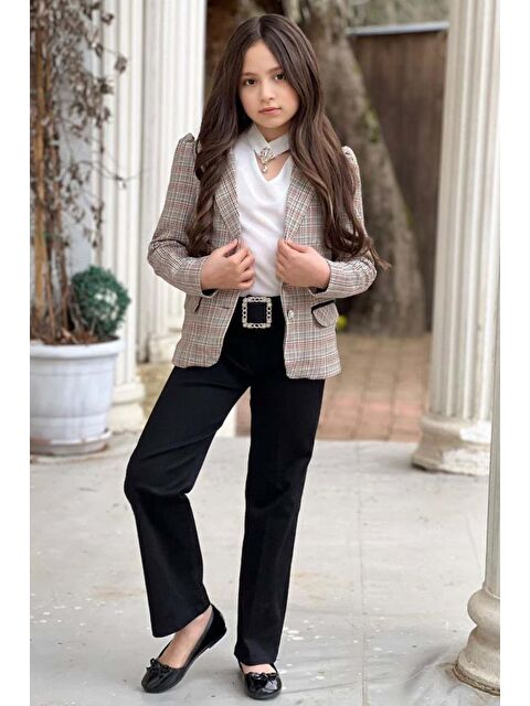 Riccotarz Kız Çocuk Yakası Açık Ve Taş Detaylı Bluz Ekose Çizgi Blazer Ceket Kemerli Siyah Alt Üst Takım - S000373246-19351
