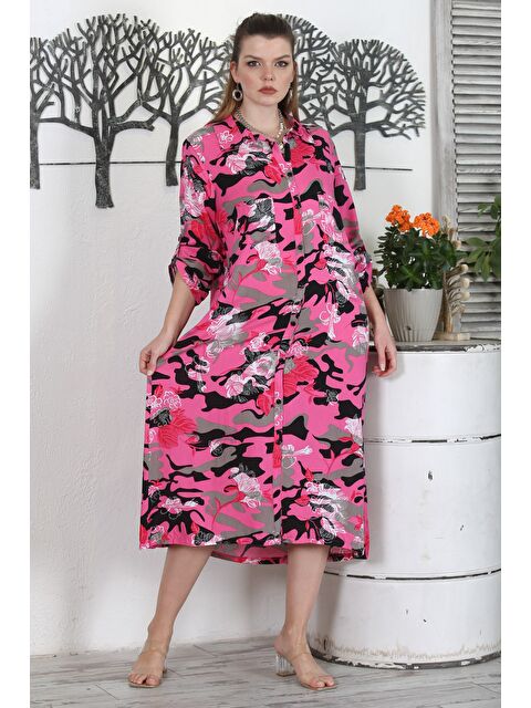 Chiccy Kamuflaj Fuşya Gömlek Yaka Düğmeli Uzun Kollu Baskılı Casual Dokuma Elbise - S000468785-3201