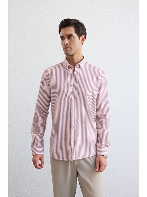 Livio Ferri Senoc Erkek Gömlek Modern Slim Fit Keten Görünümlü Kalın Çizgili