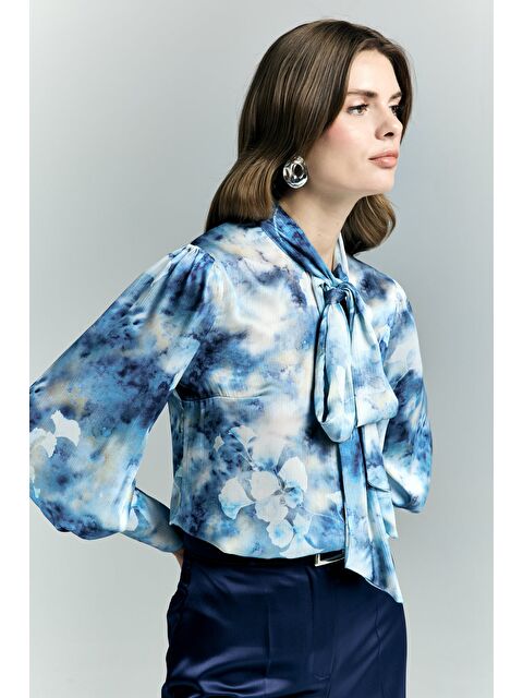 SATEEN Desenli Fularlı Gömlek - Mavi - S000531636-17234