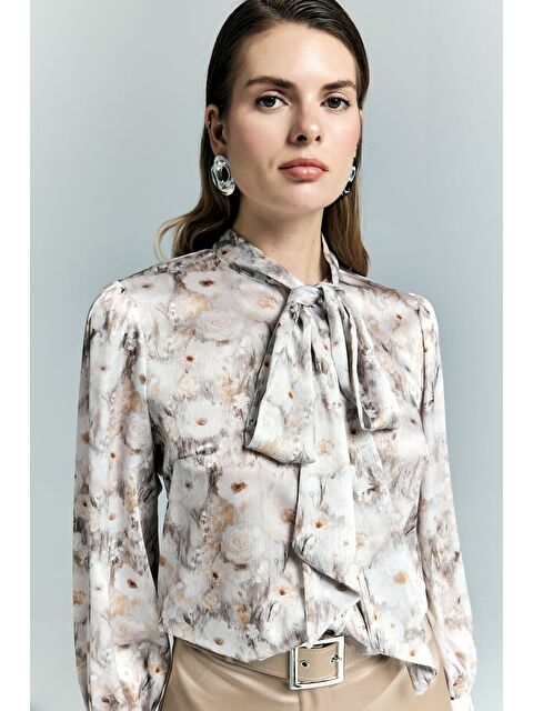 SATEEN Çiçek Desenli Fularlı Gömlek - Bej - S000531630-19928