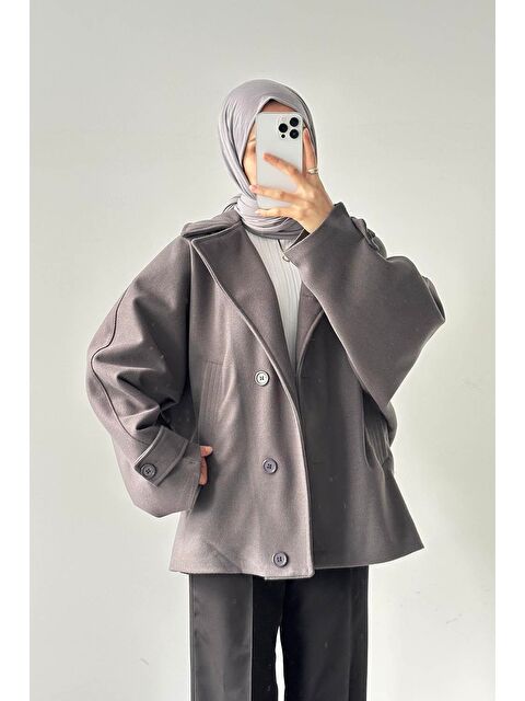 Lamelif Kol Kemerli Kaşe Kaban Antrasit - S000522595-29666